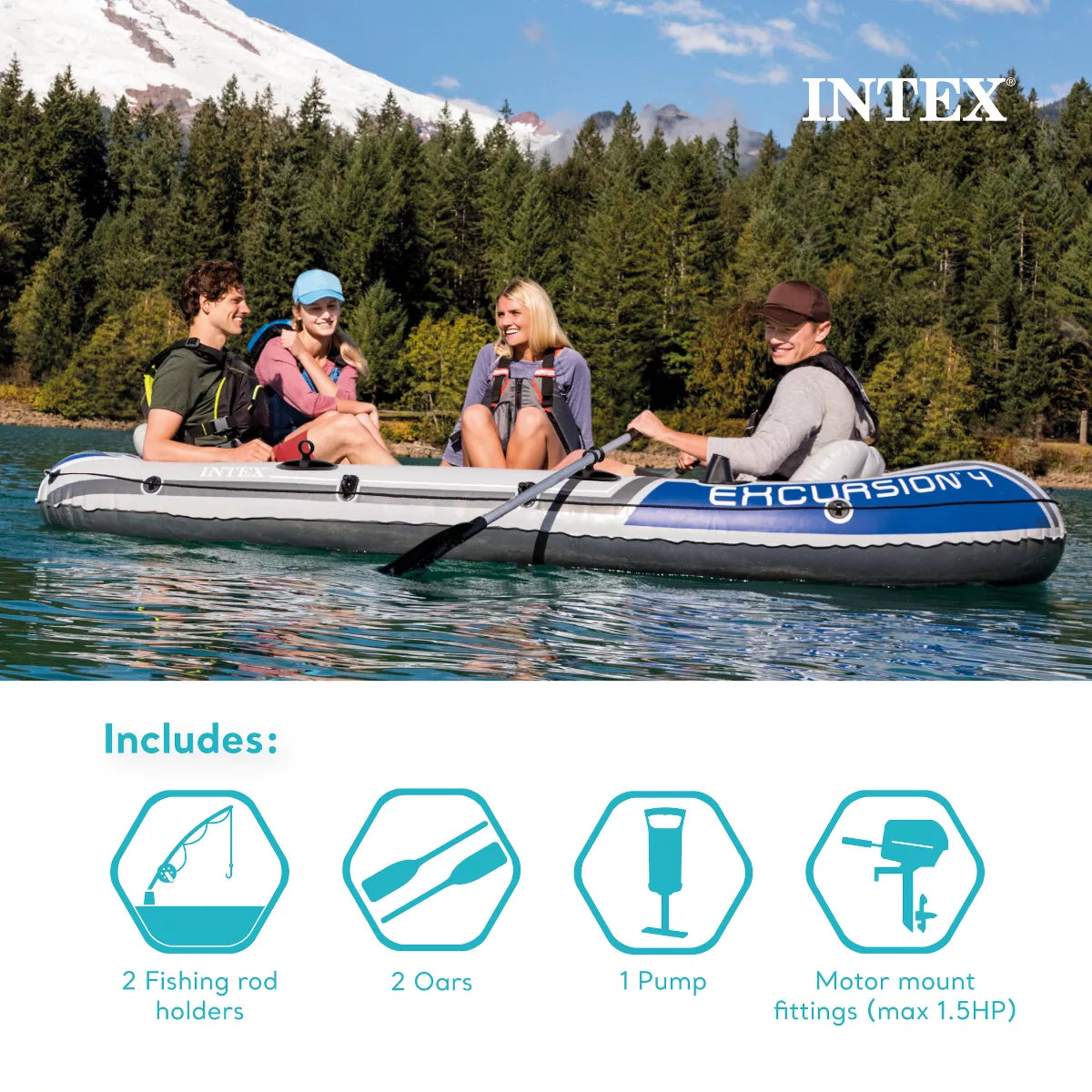 Intex Excursion Inflatable Water Fishing River Boat Raft Set with Oars